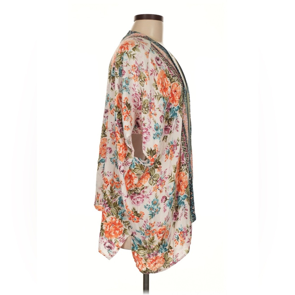 Angie Floral Kimono Large Blue Coral Pink Boho Beach Cover Up Resort Coastal EUC - Picture 4 of 7